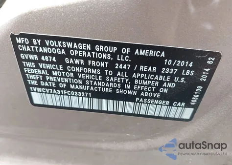 2015 Volkswagen Passat 2.0L Tdi Sel Premium from USA, damaged, VIN 1VWCV7A31FC033271